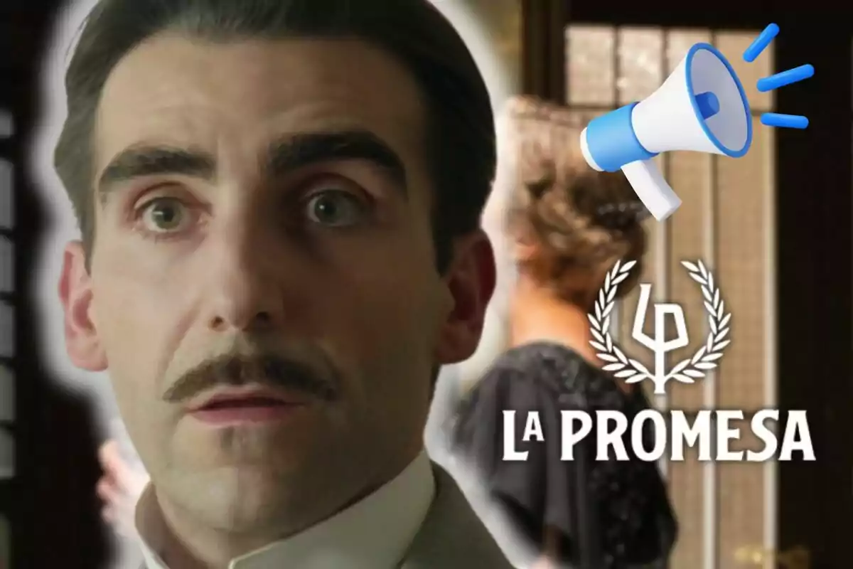 Primer plano de Guillermo Serrano con bigote y expresión seria, al fondo una mujer de espaldas, un megáfono azul y blanco y el texto La Promesa con un logotipo.