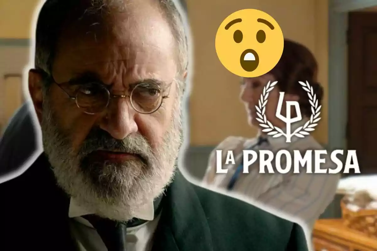Joaquín Climent de aspecto serio en primer plano, al fondo una mujer desenfocada, un emoji de sorpresa y el texto La Promesa