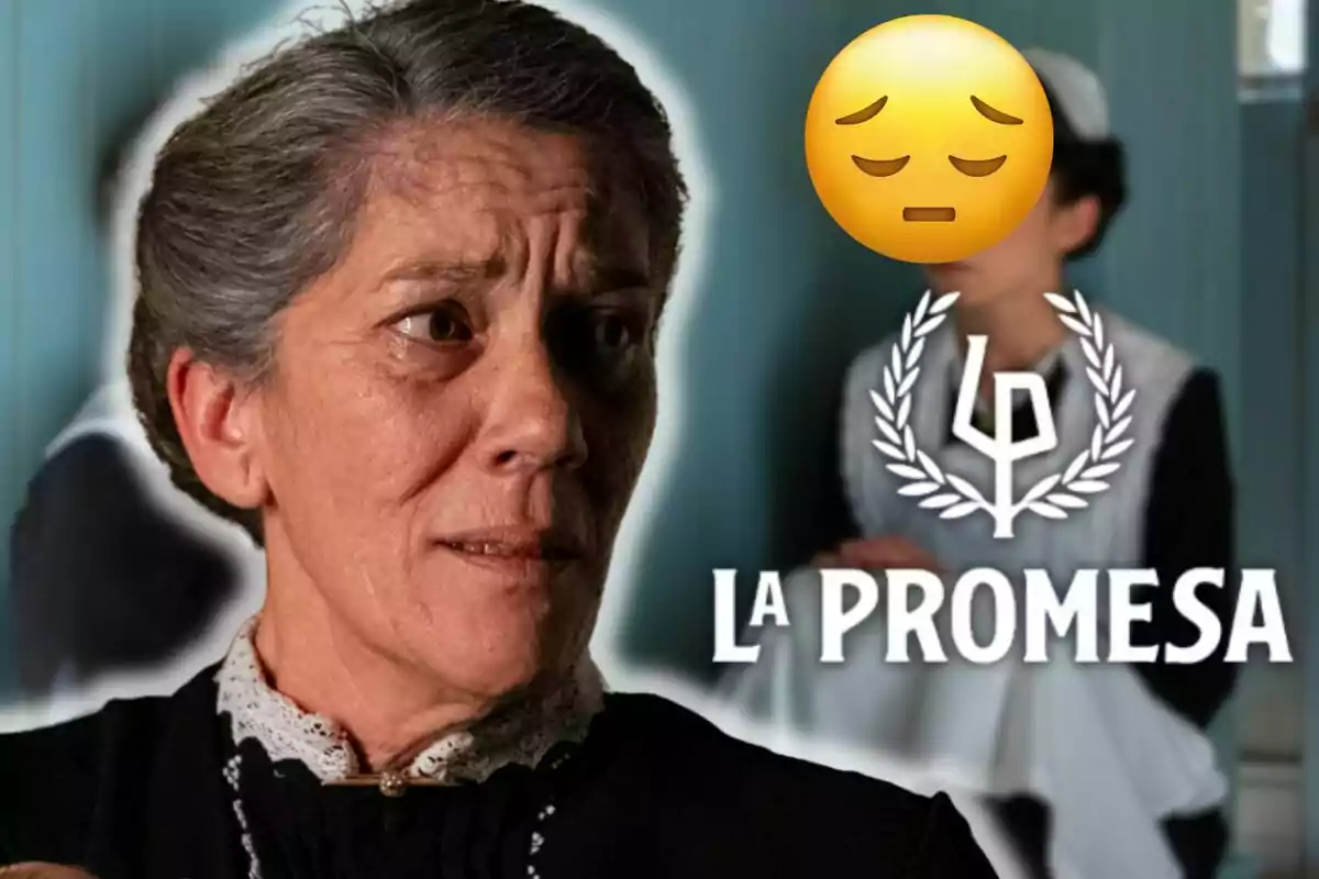 Marga Martínez con expresión preocupada en primer plano junto al logo de La Promesa y un emoji de tristeza sobre el rostro de una persona al fondo