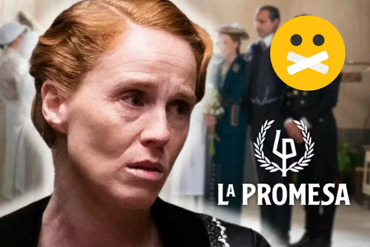 María Castro con expresión seria en primer plano, con un fondo borroso de personas vestidas de época y el texto "La Promesa".