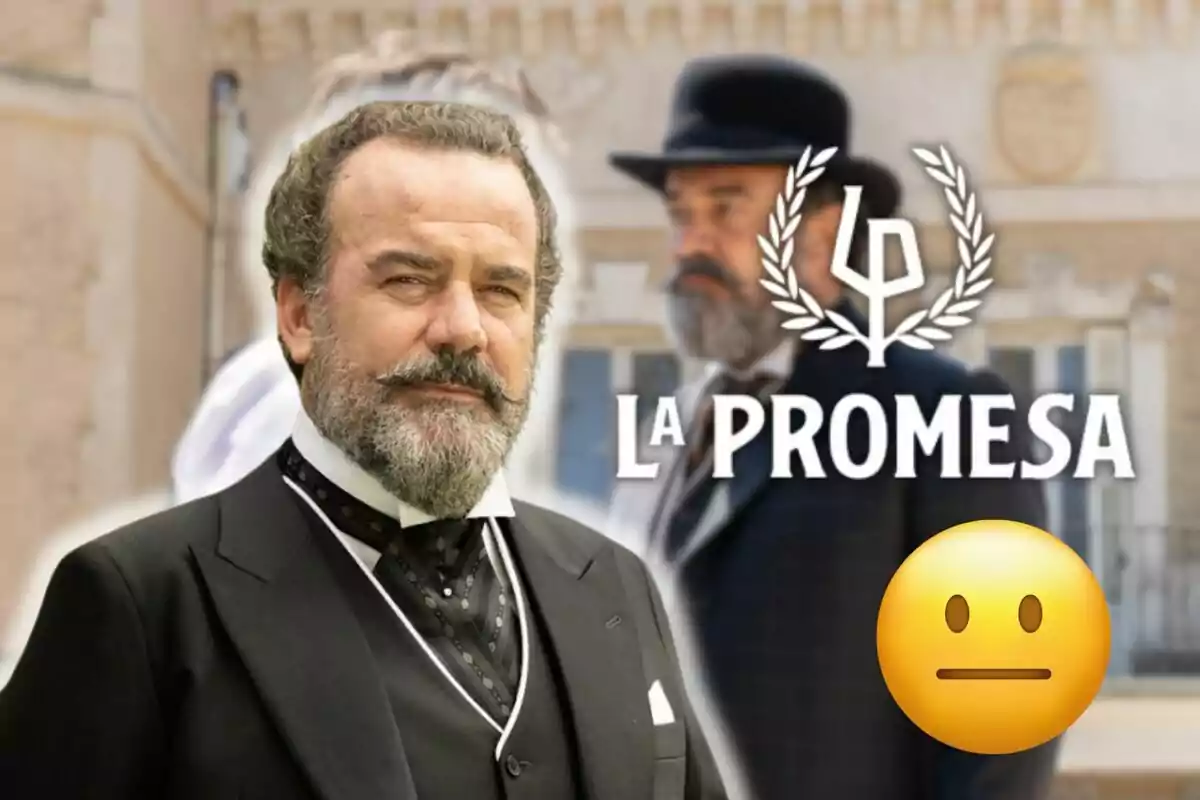 Manuel Regueiro con barba y traje elegante aparece en primer plano con el título "La Promesa" y un emoji neutral al lado.