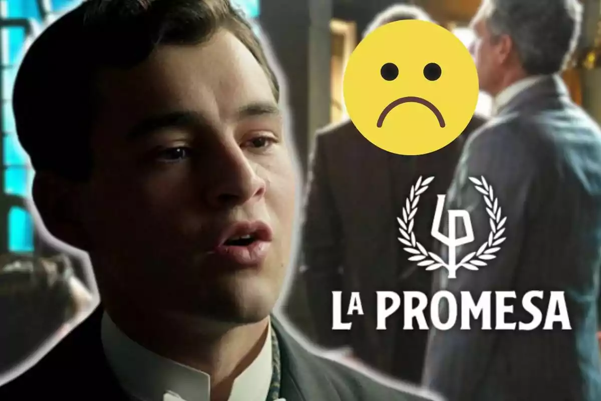 Primer plano de Xavi Lock con expresión seria, un emoticono triste grande y el logo de La Promesa al fondo