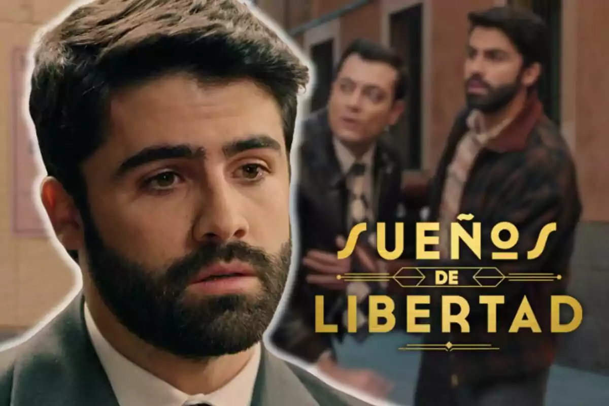 Primer plano de Jaime Gutiérrez con expresión seria, al fondo dos hombres desenfocados y el texto Sueños de Libertad en letras doradas