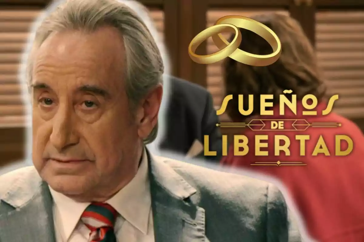 Juanjo Puigcorbé con traje y corbata aparece en primer plano, mientras que en el fondo se observa el título "Sueños de Libertad" junto a dos anillos dorados entrelazados.