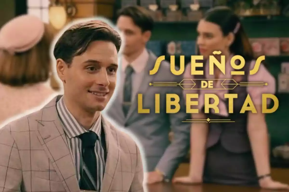 David Matarín sonriente con traje a cuadros y corbata en un entorno de estilo retro con el texto "Sueños de Libertad" en letras doradas.