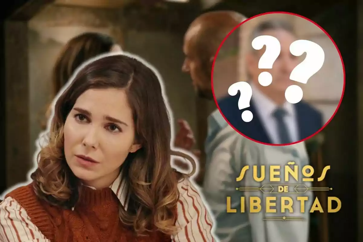 Natalia Sánchez con expresión seria aparece en primer plano mientras que en el fondo hay dos personas desenfocadas y un círculo rojo con signos de interrogación; en la parte inferior derecha se lee "Sueños de Libertad".