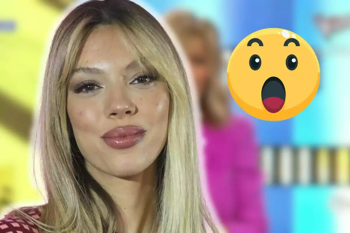 Alejandra Rubio y un emoji sorprendido al lado, sobre un fondo colorido.