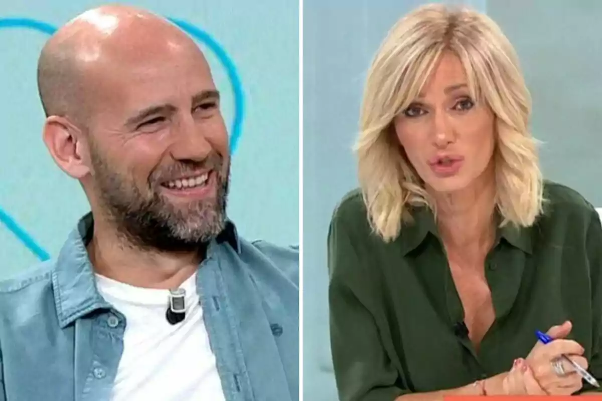 Gonzalo Miró y Susanna Griso en un programa de televisión, un hombre calvo con barba sonríe mientras una mujer rubia habla sosteniendo un bolígrafo.