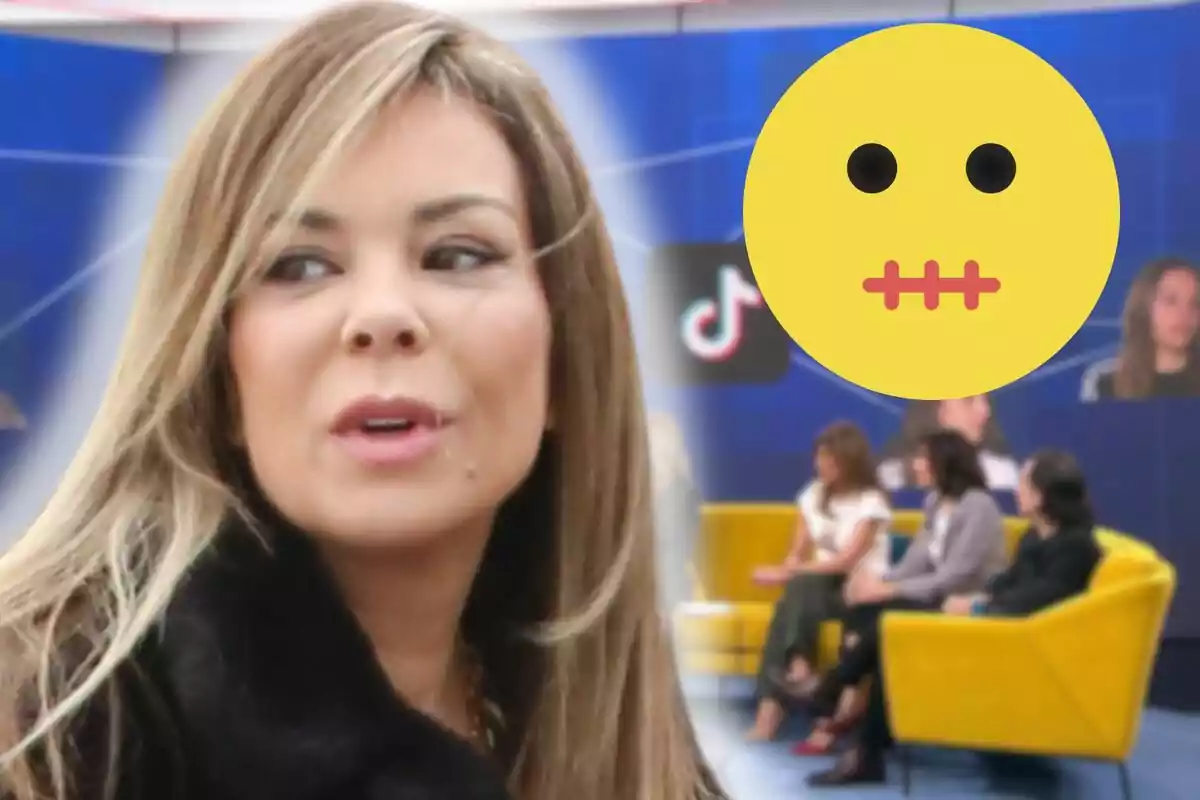 María José Campanario en primer plano con un emoji de boca cerrada y un grupo de personas sentadas en un set de televisión al fondo.