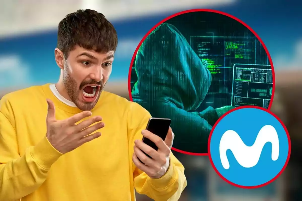 Un hombre con suéter amarillo grita sorprendido mientras mira su teléfono, con una imagen de un hacker y el logo de Movistar en el fondo.