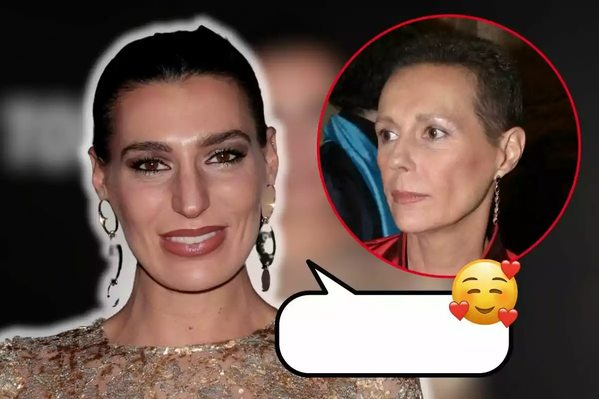 Eugenia Osborne con vestido brillante y aretes posa sonriendo, mientras en un círculo rojo se muestra a Sandra Domeq de perfil con expresión seria; hay un emoji sonriente con corazones en la imagen.