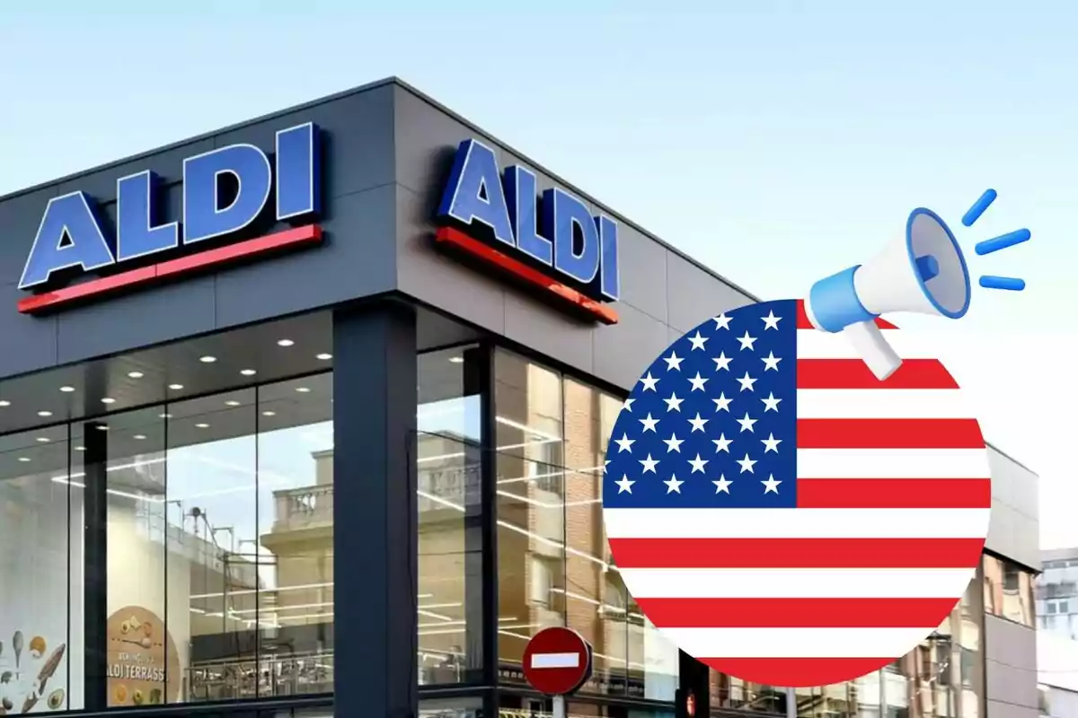 Fachada de una tienda Aldi con un gráfico de un megáfono y la bandera de Estados Unidos. Fachada de una tienda Aldi con un gráfico de un megáfono y la bandera de Estados Unidos.
