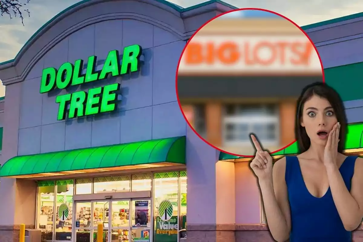 Una mujer sorprendida señala un letrero borroso de una tienda mientras está frente a un Dollar Tree.