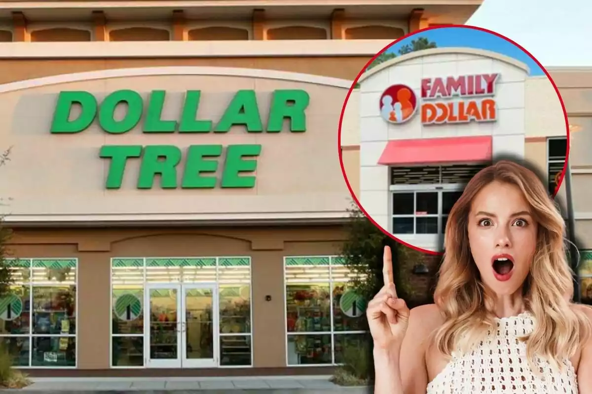 Una mujer sorprendida señala un círculo que muestra la fachada de una tienda Family Dollar sobre la imagen de una tienda Dollar Tree.