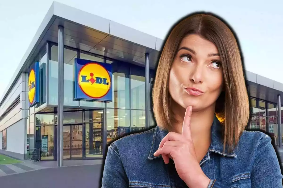 Montaje del exterior de un supermercado Lidl y una mujer en el lado derecho de la foto dubitativa y mirando hacia arriba