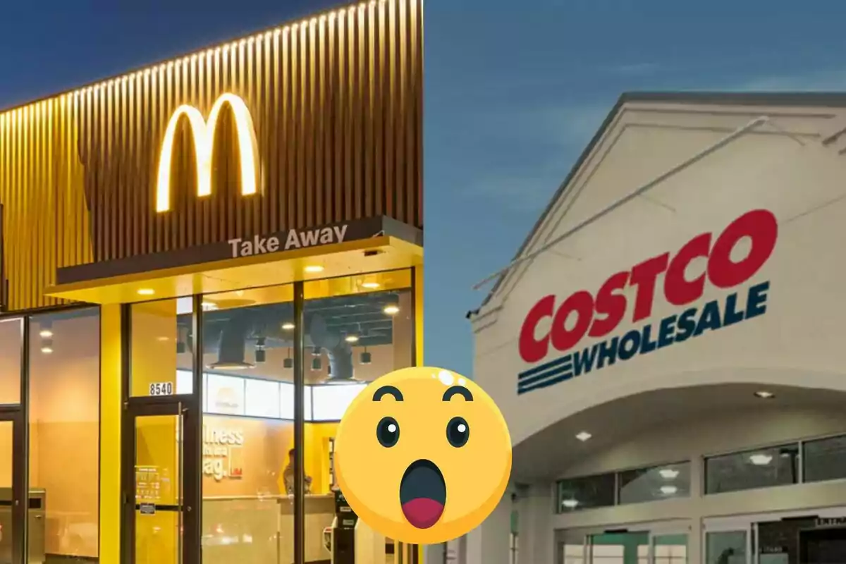 Fachadas de un restaurante de comida rápida y una tienda mayorista con un emoji sorprendido en el centro.