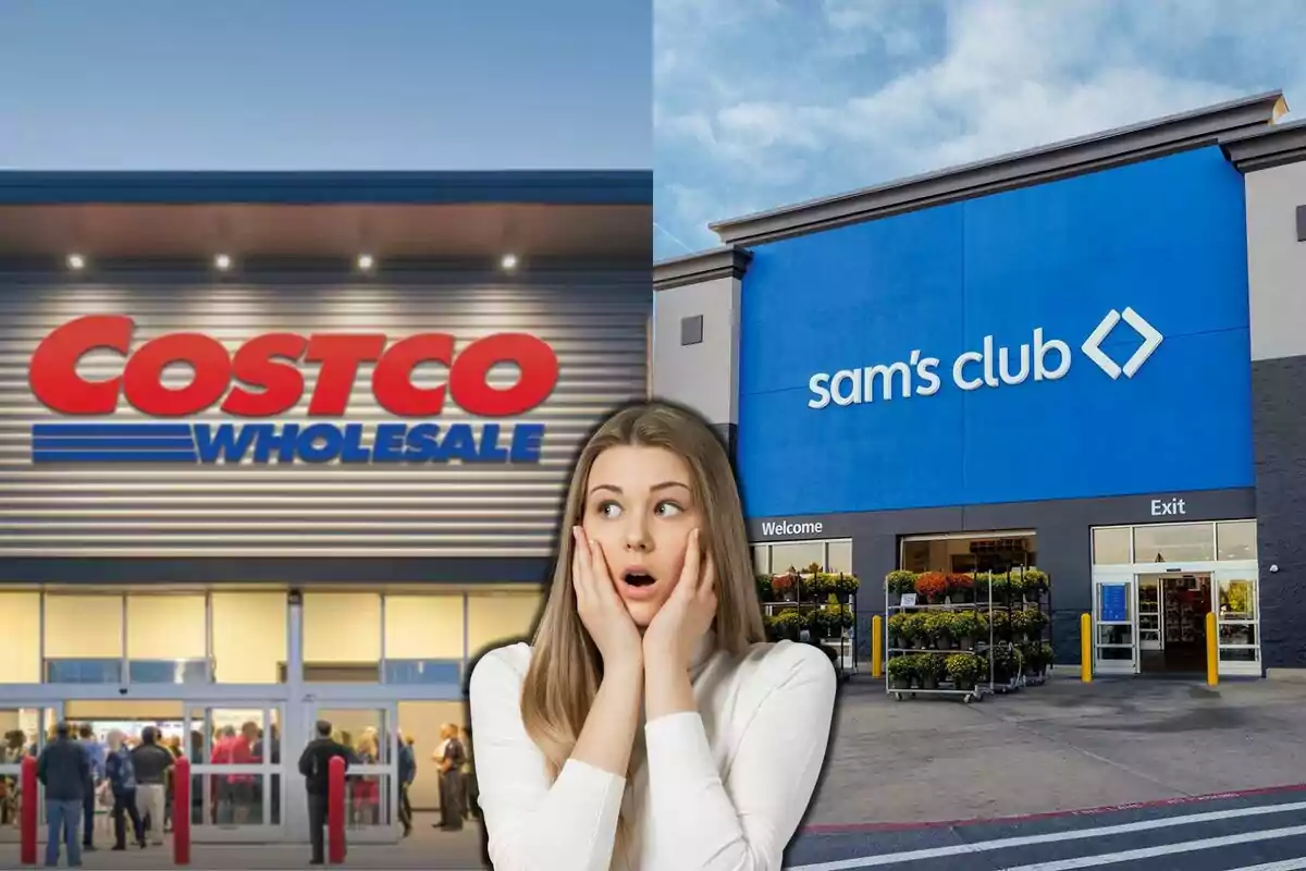 Una mujer con expresión de sorpresa está frente a las fachadas de Costco y Sam's Club. Una mujer con expresión de sorpresa está frente a las fachadas de Costco y Sam's Club.