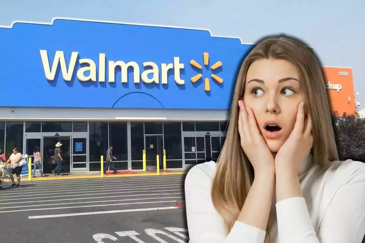 A woman with a surprised expression is superimposed in front of a Walmart store entrance. A woman with a surprised expression is superimposed in front of a Walmart store entrance.