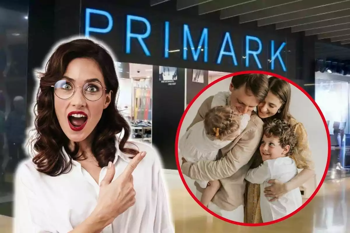 Mujer sorprendida señalando hacia una tienda de Primark con una imagen de una familia abrazándose en un círculo rojo.