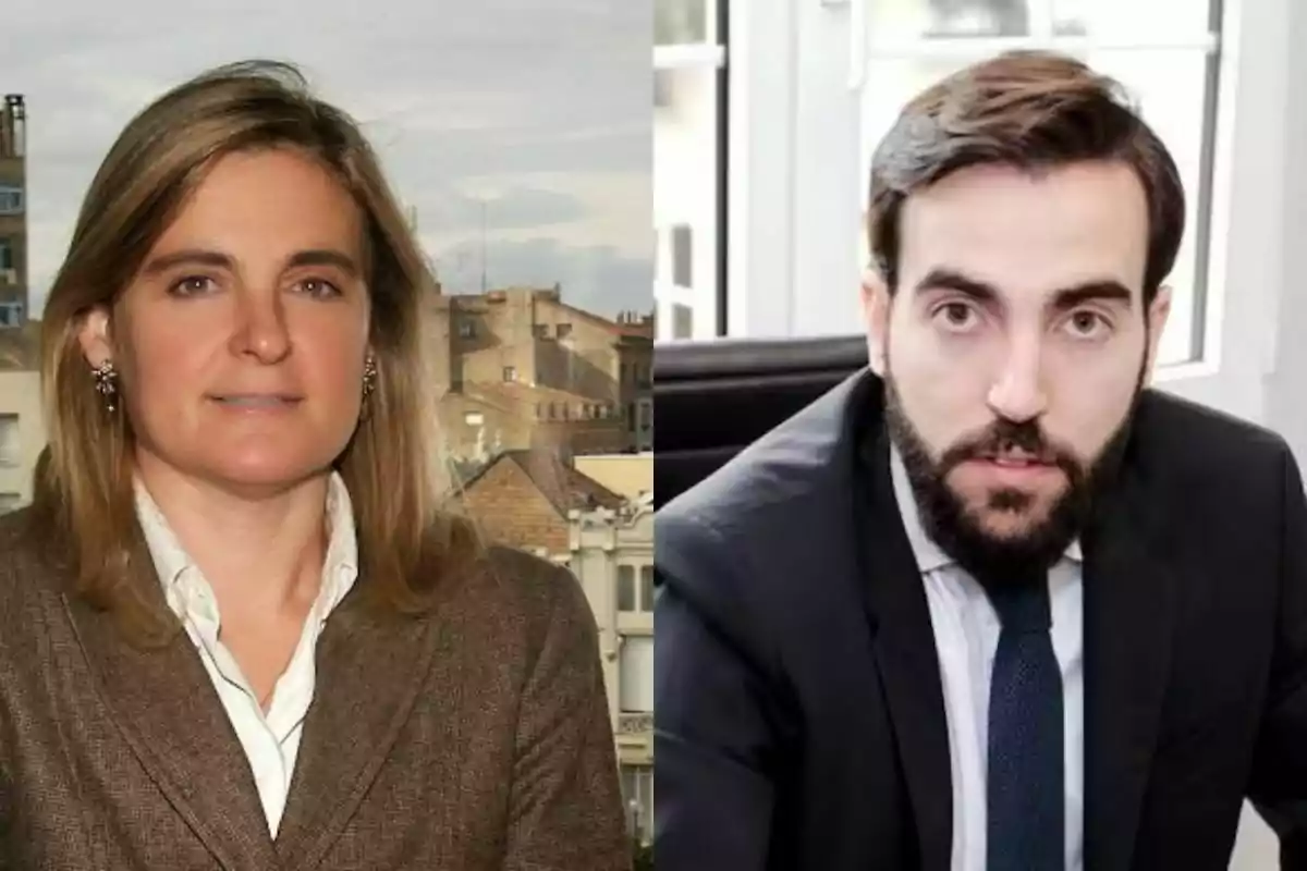Dos personas en un entorno profesional, una mujer con chaqueta marrón y un hombre con traje oscuro y corbata, ambos mirando a la cámara.
