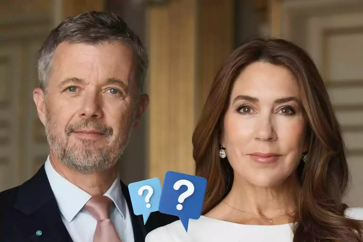 Federico and Mary of Denmark posing elegantly with superimposed question mark icons.