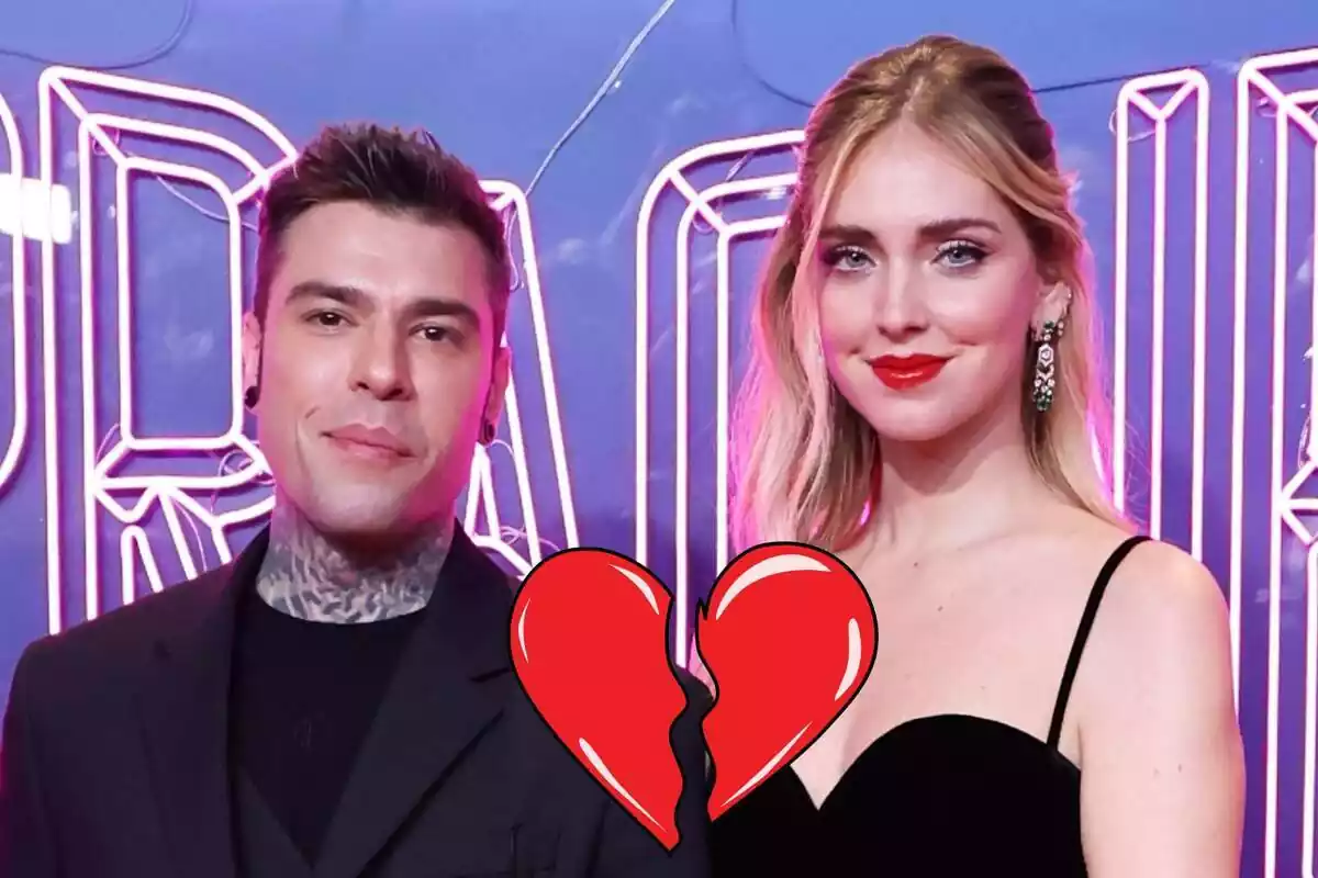 Montaje de Fedez y Chiara Ferragni sonriendo posando juntos vestidos de negro y un corazón roto