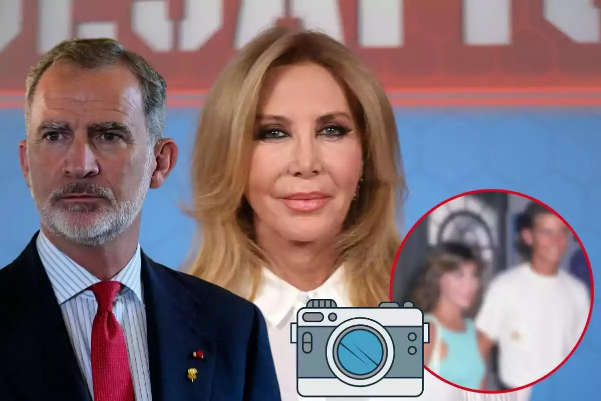 Felipe VI y Norma Duval posan frente a la cámara, con una imagen borrosa de ellos en un círculo rojo en la esquina inferior derecha y un icono de cámara en primer plano.