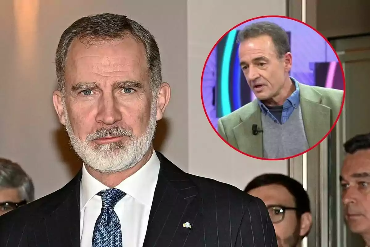 Felipe VI con barba y traje oscuro aparece en primer plano, mientras que en un círculo rojo en la esquina superior derecha se muestra a Alessandro Lequio con chaqueta verde y camisa azul.