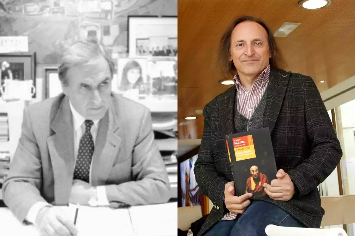 Dos hombres en diferentes imágenes, uno en blanco y negro sentado en un escritorio y otro en color sosteniendo un libro. Dos hombres en diferentes imágenes, uno en blanco y negro sentado en un escritorio y otro en color sosteniendo un libro.