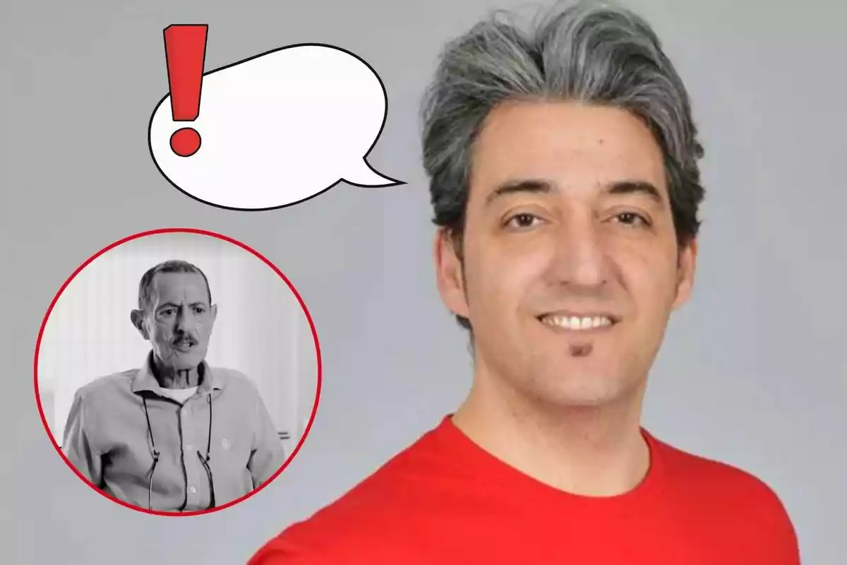 Fernando Marcos con camiseta roja sonríe mientras un globo de diálogo con un signo de exclamación rojo aparece a su lado y una imagen en blanco y negro de Julián Muñoz está dentro de un círculo rojo.