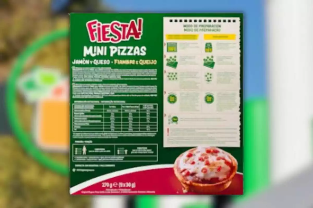 Caja de mini pizzas Fiesta sabor jamón y queso con información nutricional, modo de preparación y una imagen de una mini pizza en la parte inferior derecha Caja de mini pizzas Fiesta sabor jamón y queso con información nutricional, modo de preparación y una imagen de una mini pizza en la parte inferior derecha