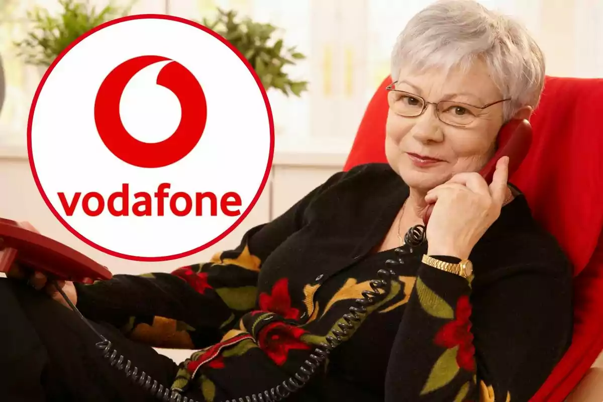 Una mujer habla por teléfono fijo, y en el círculo, el logo de Vodafone