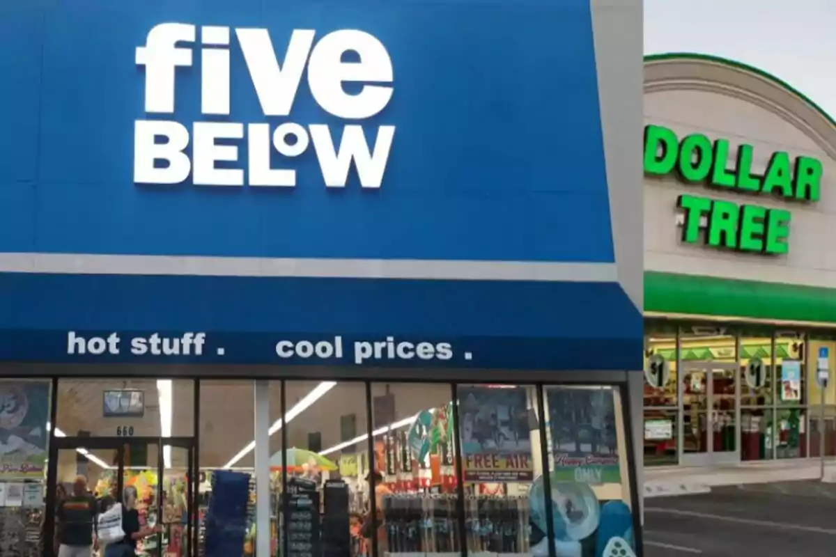 Fachadas de las tiendas Five Below y Dollar Tree mostrando sus letreros y entradas principales Fachadas de las tiendas Five Below y Dollar Tree mostrando sus letreros y entradas principales
