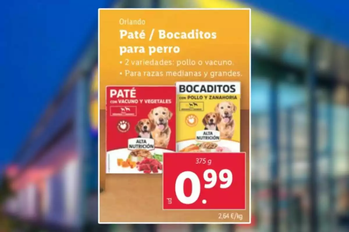 Anuncio de comida para perros de la marca Orlando que ofrece paté y bocaditos en dos variedades: vacuno con vegetales y pollo con zanahoria, diseñado para razas medianas y grandes, con un precio de 0,99 euros por 375 gramos. Anuncio de comida para perros de la marca Orlando que ofrece paté y bocaditos en dos variedades: vacuno con vegetales y pollo con zanahoria, diseñado para razas medianas y grandes, con un precio de 0,99 euros por 375 gramos.