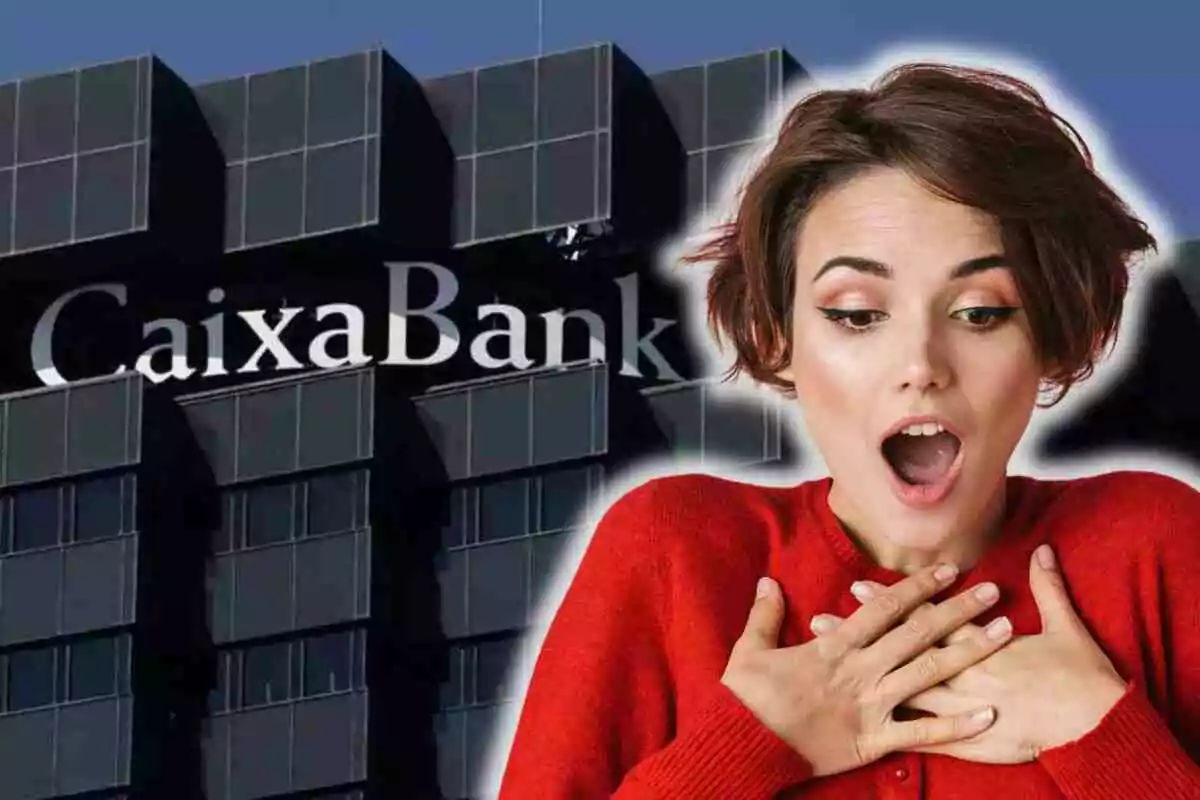 Una mujer con expresión de sorpresa frente a un edificio con el logo de CaixaBank.
