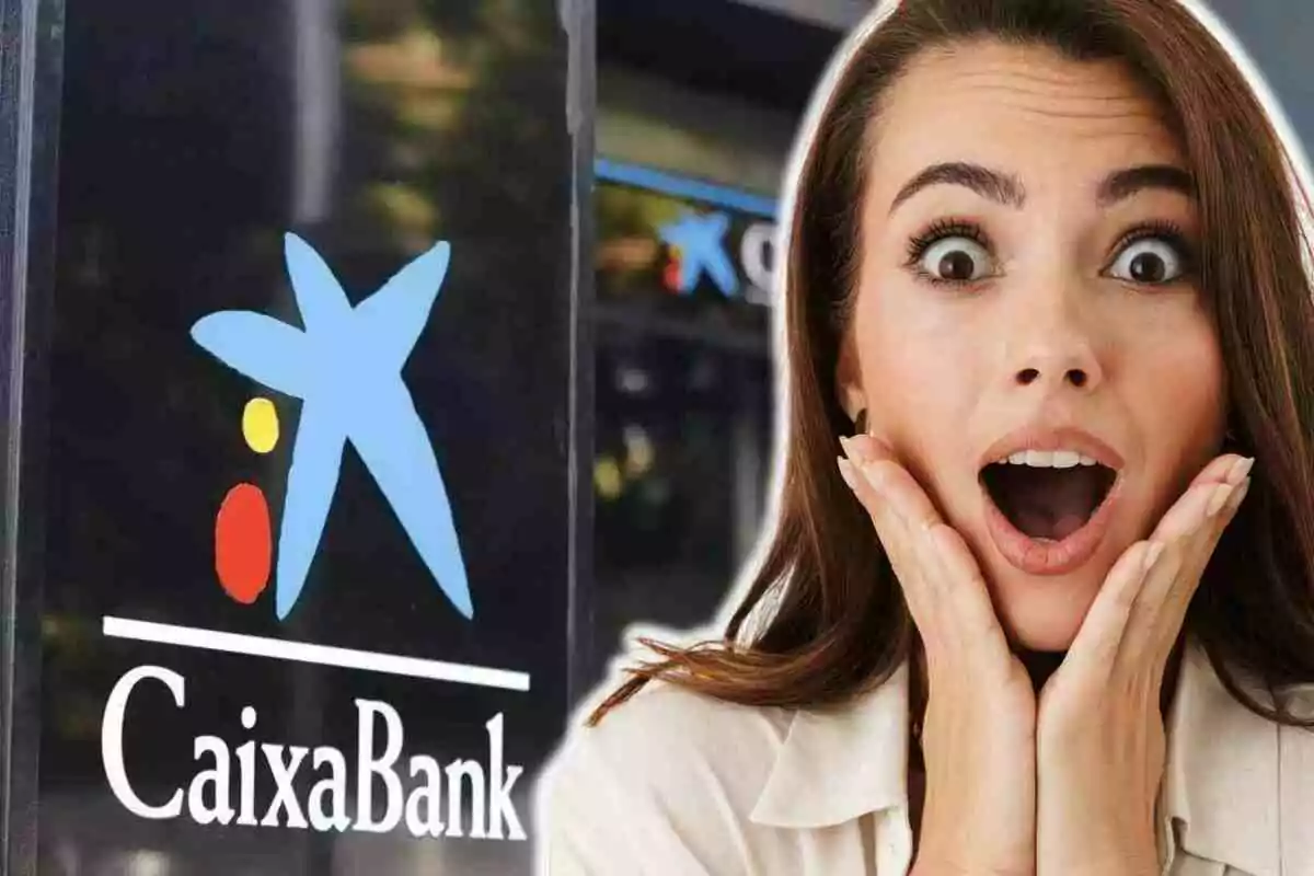 Una mujer con expresión de sorpresa está frente a un letrero de CaixaBank.