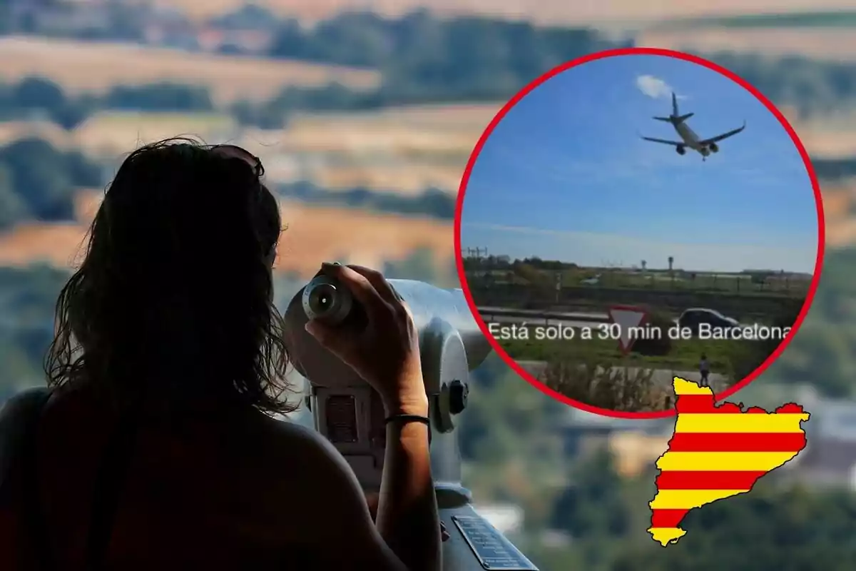 Montaje con foto de fondo de una mujer mirando hacia el horizonte en un mirador con una foto pequeña del lugar y un mapa de Cataluña con la bandera