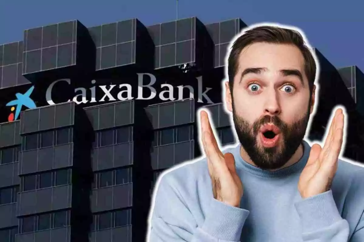 Un hombre con expresión de sorpresa frente a un edificio de CaixaBank. Un hombre con expresión de sorpresa frente a un edificio de CaixaBank.