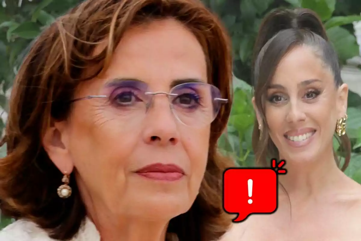 Montaje de fotos de primer plano de Mercedes Bernal con rostro serio y Anabel Pantoja con rostro sonriente.