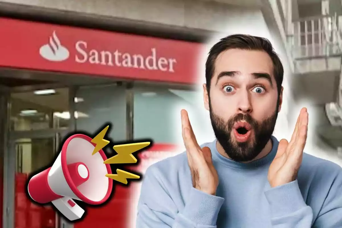 Un hombre sorprendido frente a una sucursal del Banco Santander con un emoji de megáfono al lado.