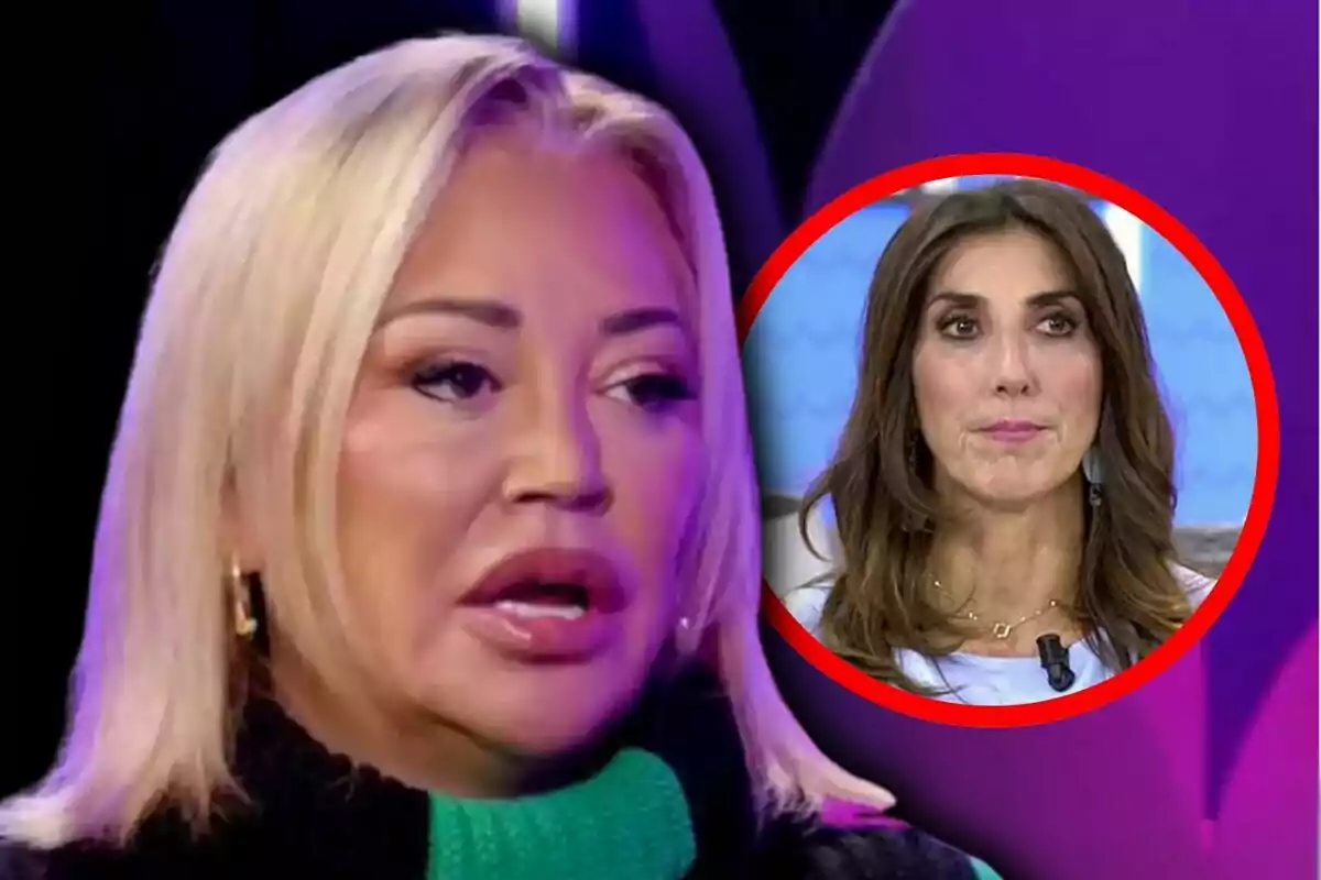 Dos mujeres en un programa de televisión, Belén Esteban en primer plano y Paz Padilla en un recuadro circular.