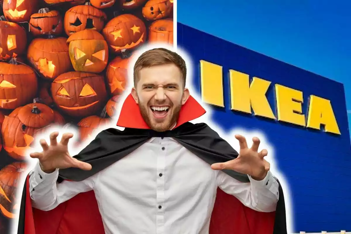 Un hombre disfrazado de vampiro frente a un fondo de calabazas talladas y el logo de Ikea.