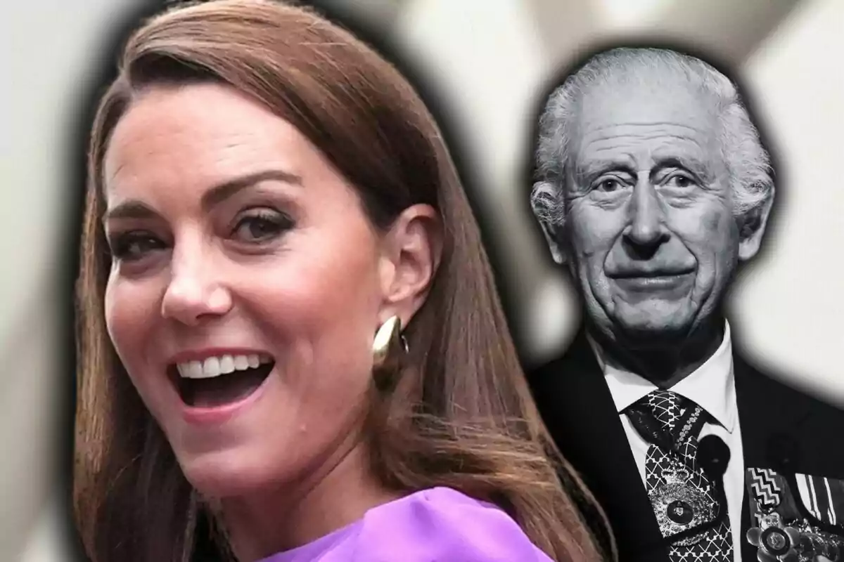 Montaje de fotos de primer plano de Carlos III con rostro serio y Kate Middleton con rostro de sorpresa. Montaje de fotos de primer plano de Carlos III con rostro serio y Kate Middleton con rostro de sorpresa.