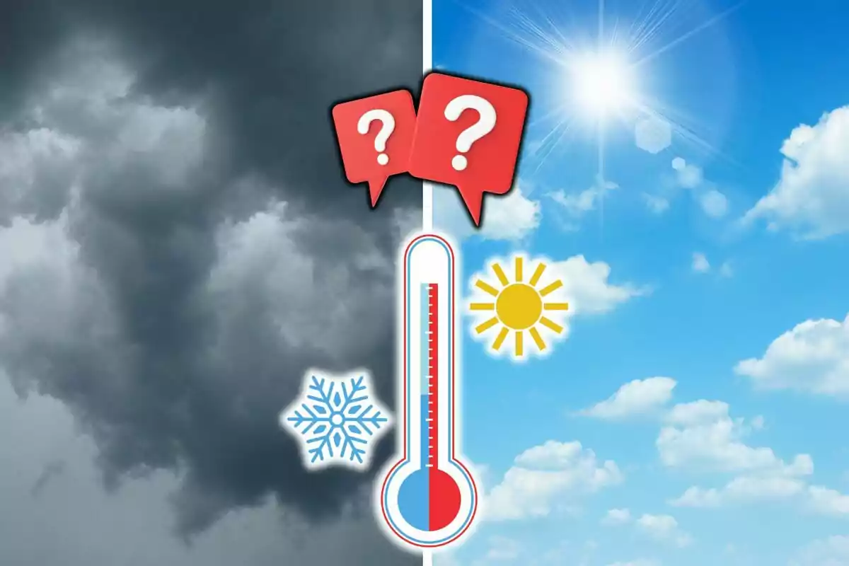 Ilustración de un termómetro en el centro que divide un cielo nublado y oscuro a la izquierda y un cielo soleado y despejado a la derecha, con iconos de copo de nieve y sol.