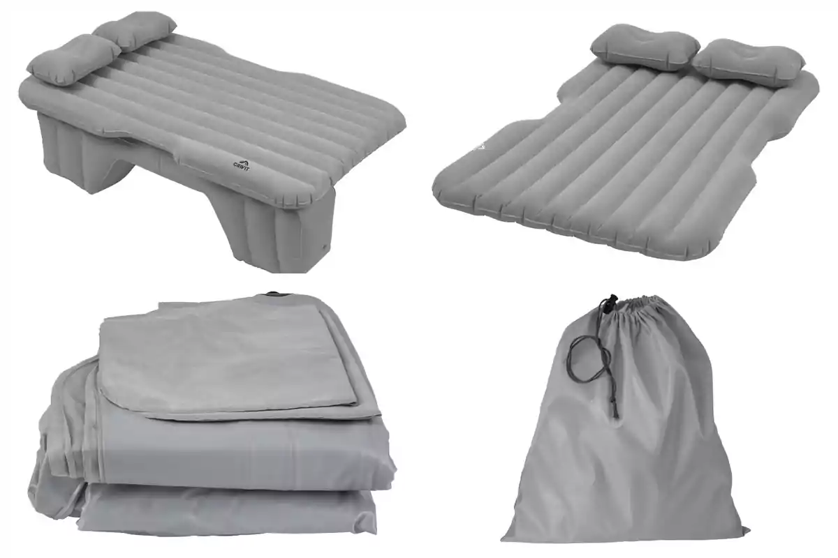 Colchón inflable gris con almohadas integradas de Lidl, mostrado en diferentes configuraciones y acompañado de una bolsa de almacenamiento. Colchón inflable gris con almohadas integradas de Lidl, mostrado en diferentes configuraciones y acompañado de una bolsa de almacenamiento.