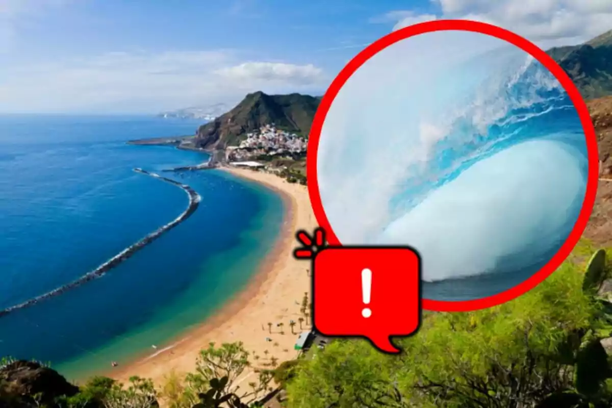 Vista panorámica de una playa con un círculo rojo que destaca una ola grande y un icono de advertencia en primer plano. Vista panorámica de una playa con un círculo rojo que destaca una ola grande y un icono de advertencia en primer plano.