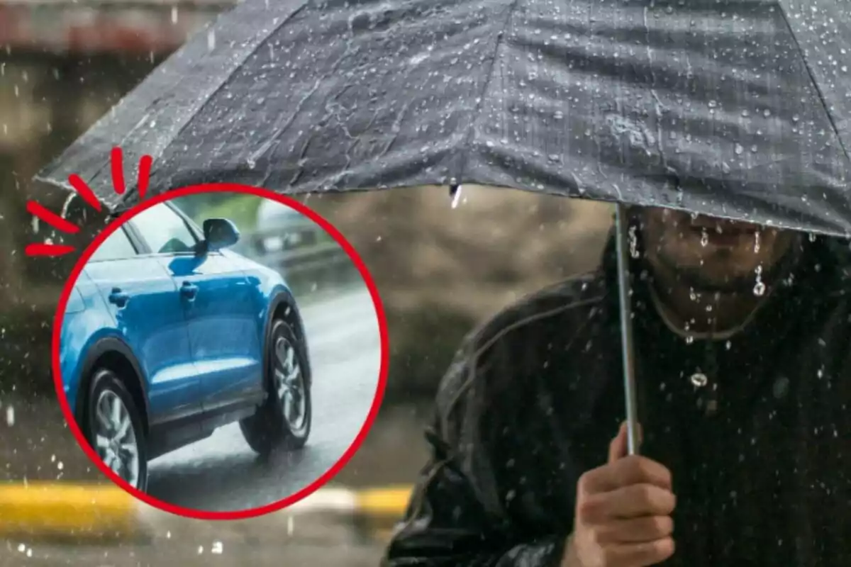 Montaje de fotos de un hombre sujetando un paraguas y, al lado, un coche azul circulando bajo la lluvia