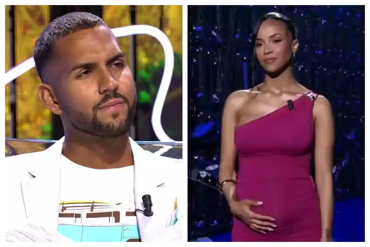 Montaje de fotos de Yulen Pereira con rostro serio y, al lado, una imagen de Jeimy Báez embarazada en plató. Montaje de fotos de Yulen Pereira con rostro serio y, al lado, una imagen de Jeimy Báez embarazada en plató.