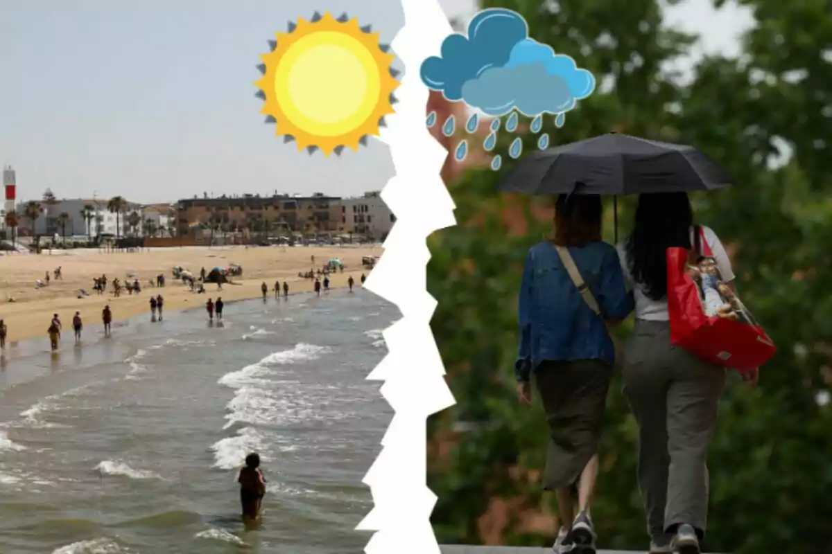 Montaje de fotos de una playa con gente bañándose y, al lado, dos personas bajo un paraguas mientras llueve