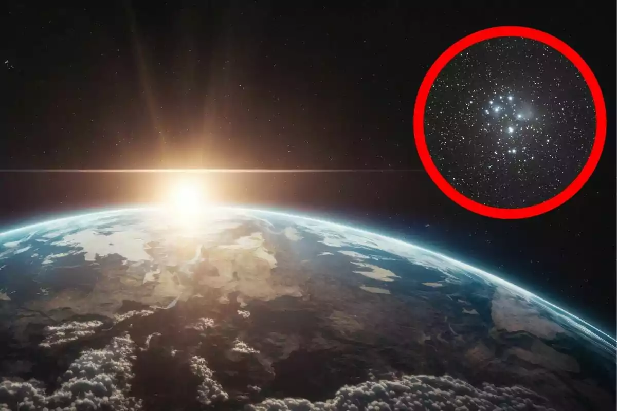 La imagen muestra el amanecer sobre la Tierra desde el espacio con un círculo rojo resaltando un grupo de estrellas en el cielo. La imagen muestra el amanecer sobre la Tierra desde el espacio con un círculo rojo resaltando un grupo de estrellas en el cielo.